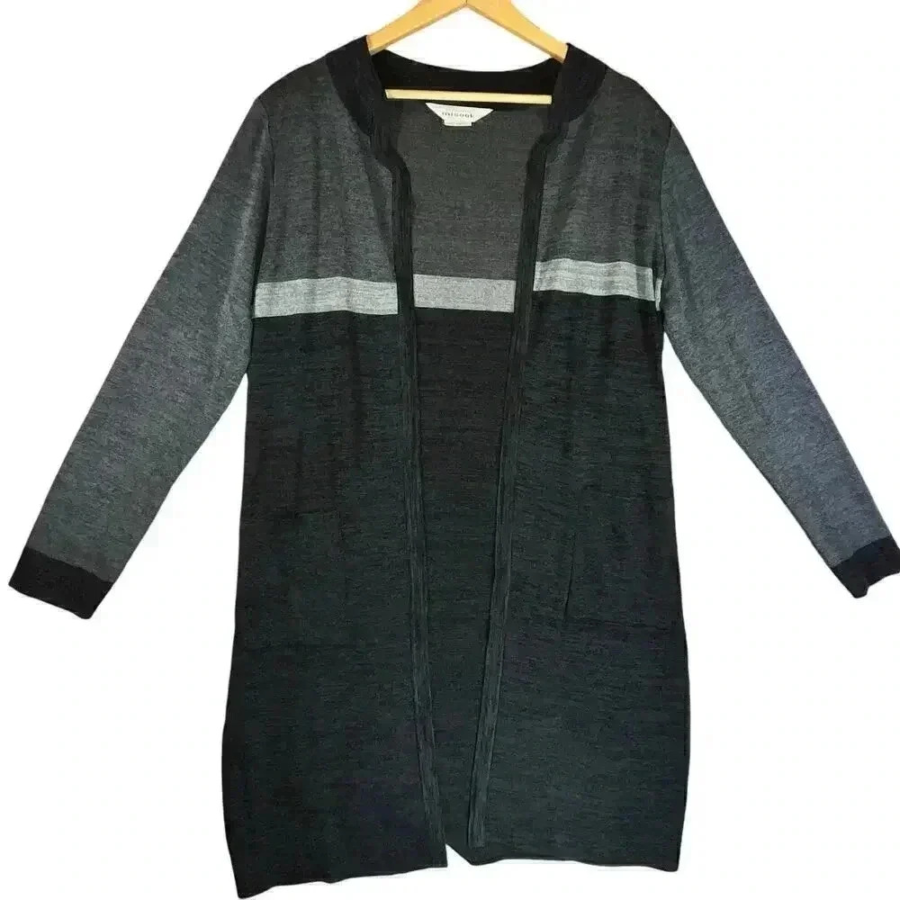 Misook Women’s Open Tri Color Gray‎ Casual Front Pocket Cardigan Medium